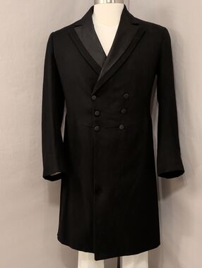 Antique 1910s Men's Black Double-Breasted Frock Coat Long Formal Wool Jacket See